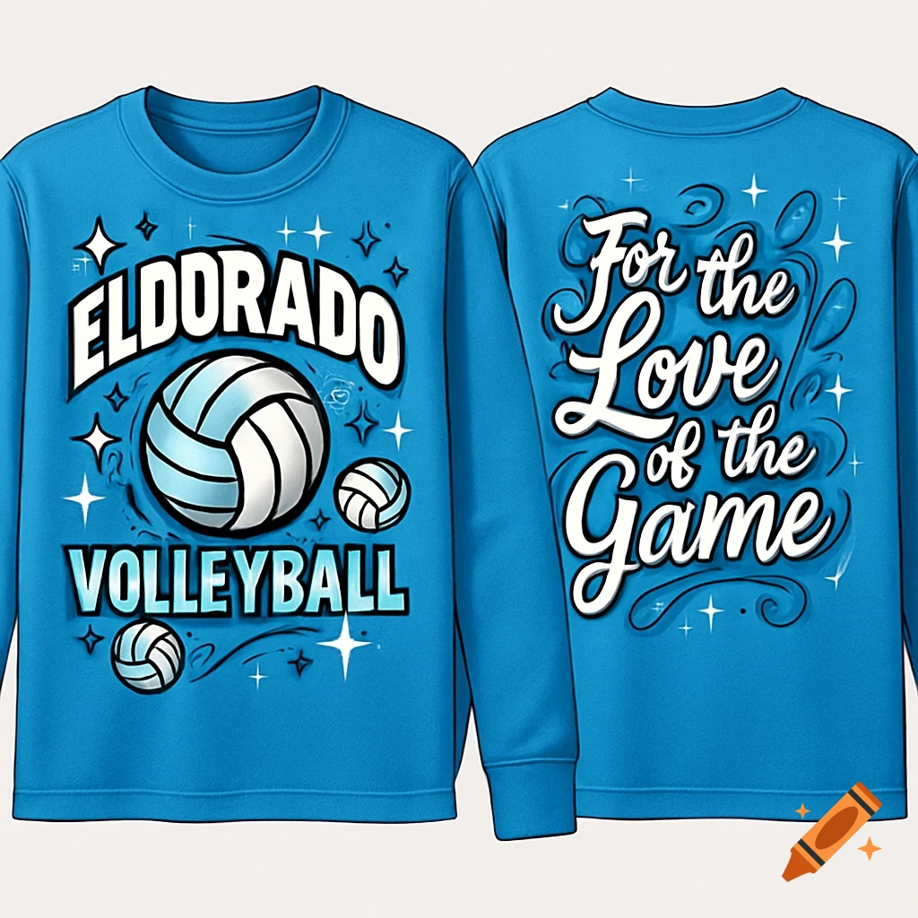 Blue long-sleeve shirt with 'ELDORADO VOLLEYBALL' and volleyballs on the front, and 'For the Love of the Game' on the back.
