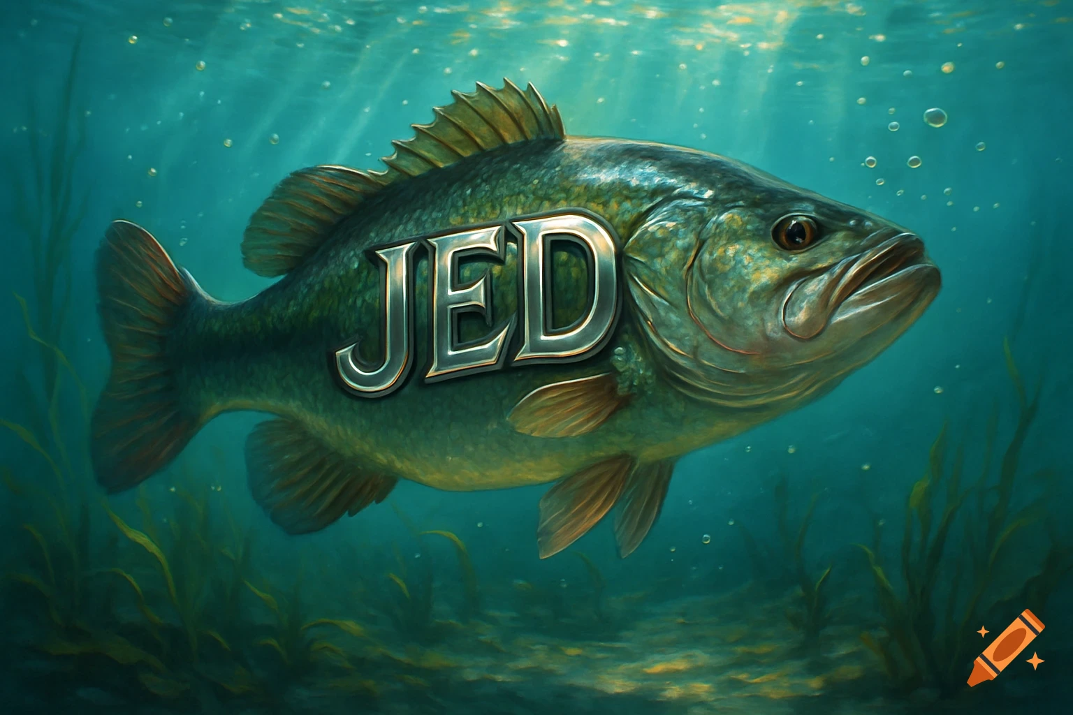 A photorealistic bass fish with the metallic silver letters "JED" on its side, swimming in clear blue-green water with light rays from above and some aquatic plants below.