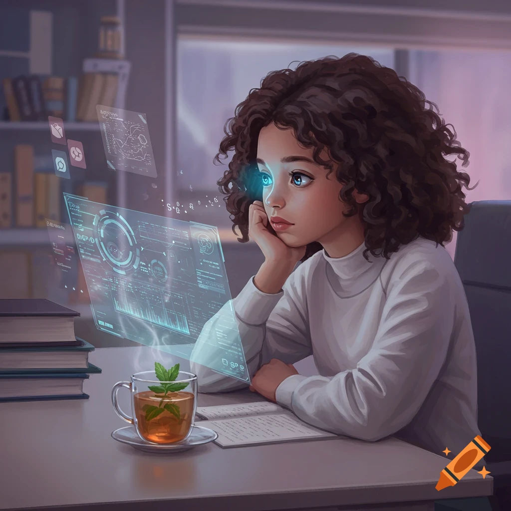 A young girl with curly hair looks at glowing holographic displays at a desk with a cup of tea.