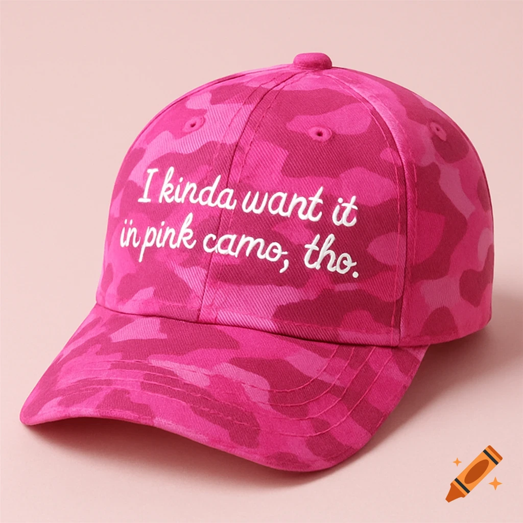 A pink camouflage baseball cap with the white text 'I kinda want it in pink camo, tho' embroidered on the front.