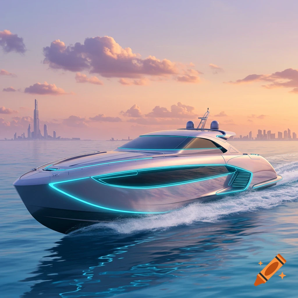 A sleek, futuristic yacht with glowing teal lights glides across calm water towards a distant city skyline under a pastel sunset.