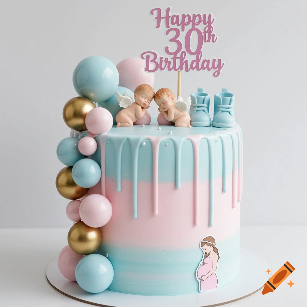 Pink and blue ombr é birthday cake with a "Happy 30th Birthday" topper, baby figurines, and a pregnant woman sticker.