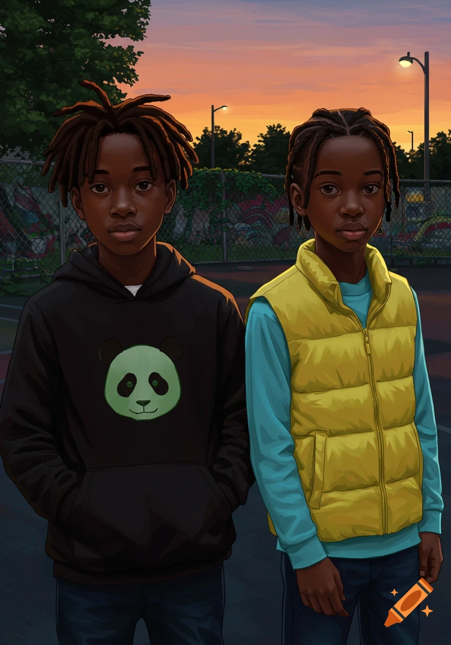 Illustrated portrait of two Black boys standing outdoors at sunset. One wears a black hoodie with a green panda, the other a yellow vest over a blue shirt.