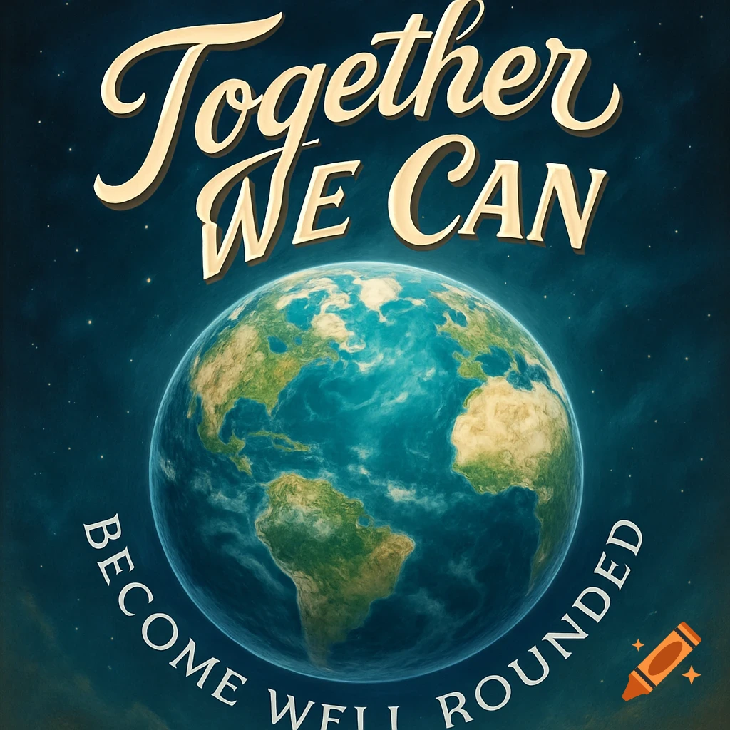 A stylized illustration of Earth in space with stars. The text 'Together We Can' is above the Earth, and 'BECOME WELL ROUNDED' curves below it.