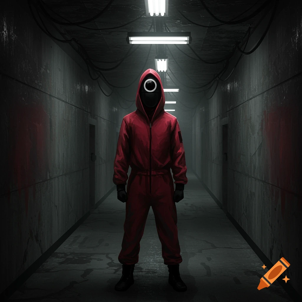 A Squid Game guard in a red jumpsuit with a black mask and a white circle stands in a dark, eery hallway lit by overhead fluorescent lights.