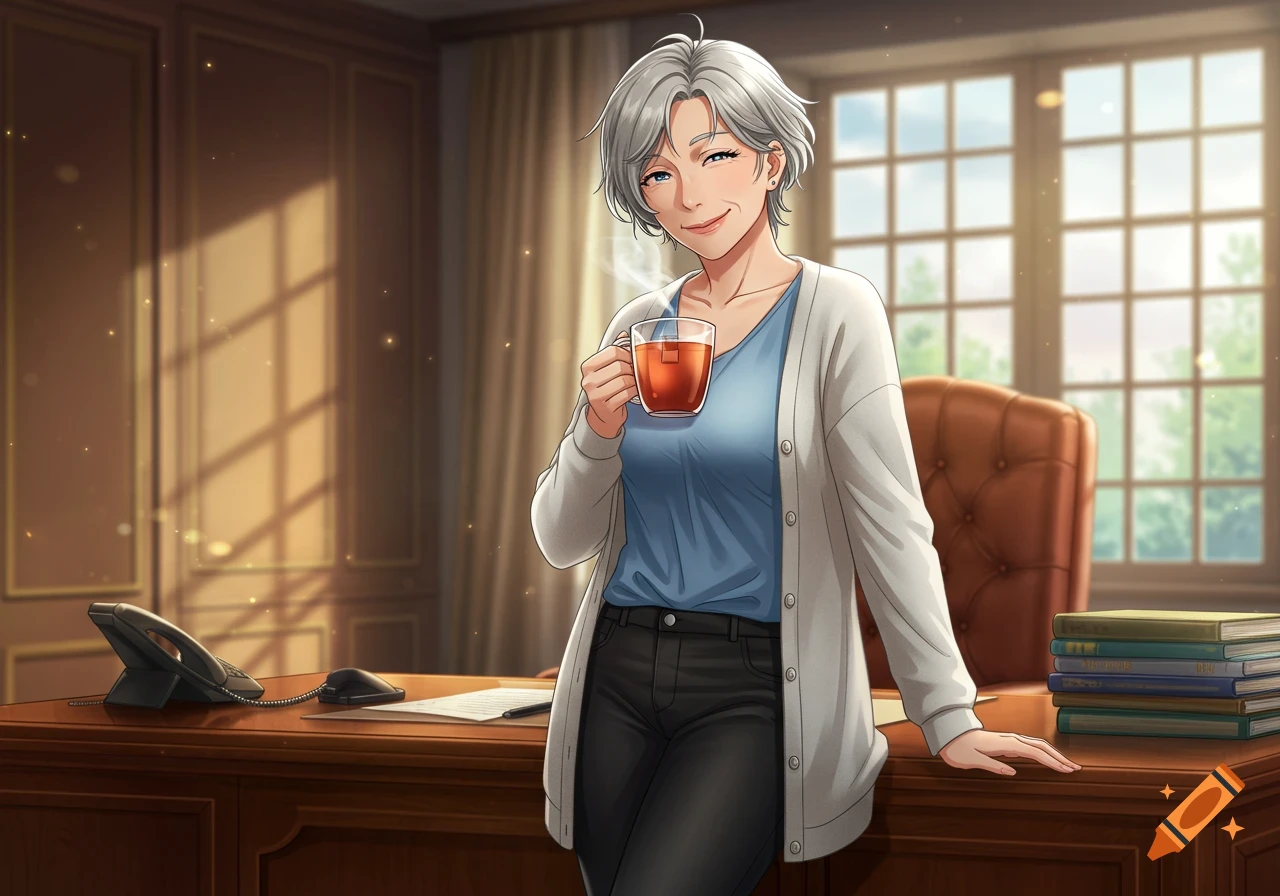 A smiling anime woman with gray hair leans on an office desk, holding a steaming mug of tea.