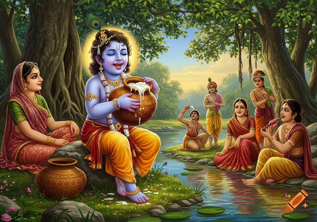 Vibrant illustration of blue-skinned child Krishna drinking buttermilk from a pot, surrounded by friends by a river in a lush forest.