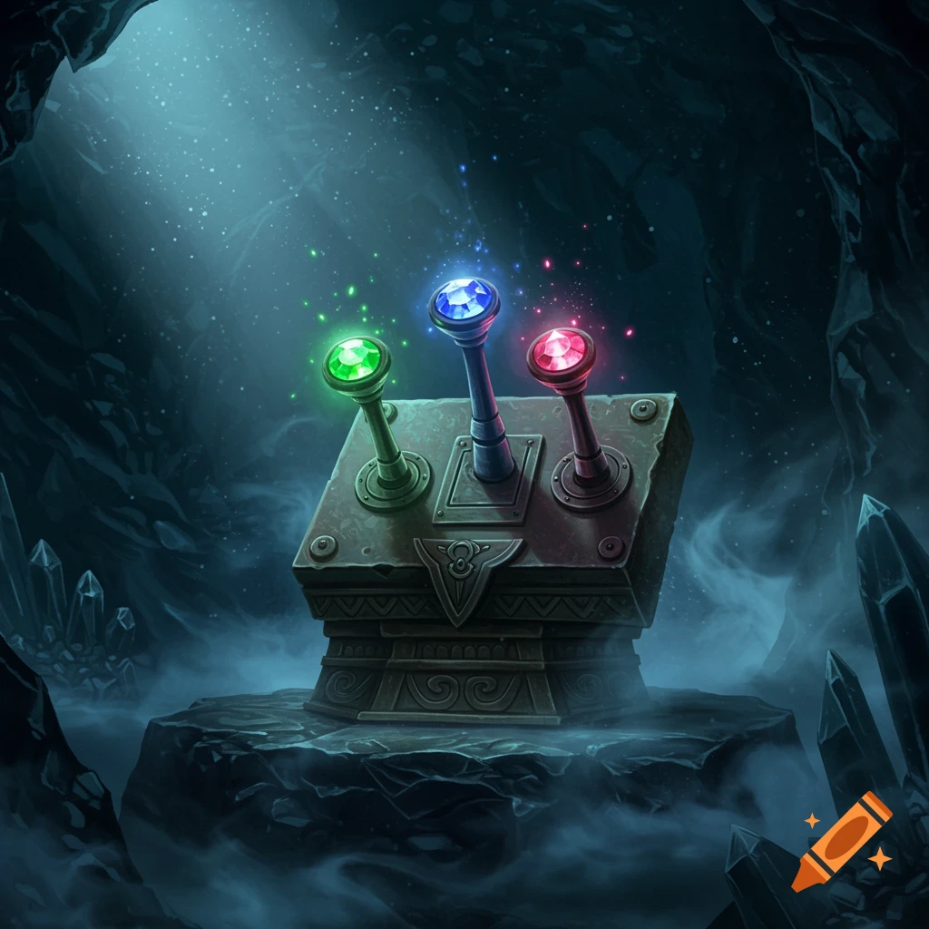 A mystical stone console with glowing green, blue, and red gem levers sits in a dark, light-filled cave with crystals.