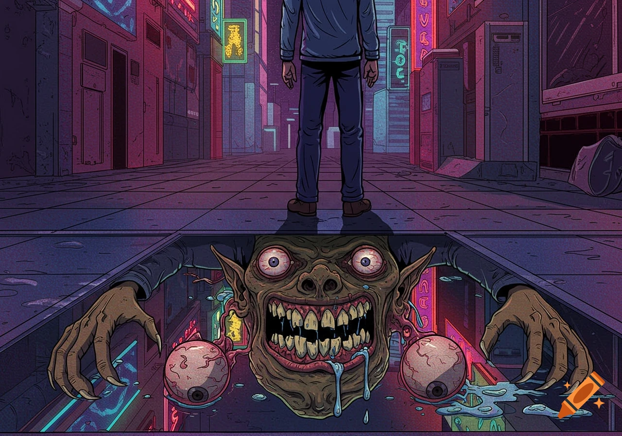 A man stands on a tiled floor in a neon-lit cyberpunk alley, his reflection below reveals a grotesque, snarling monster with bulging eyes and dripping drool.