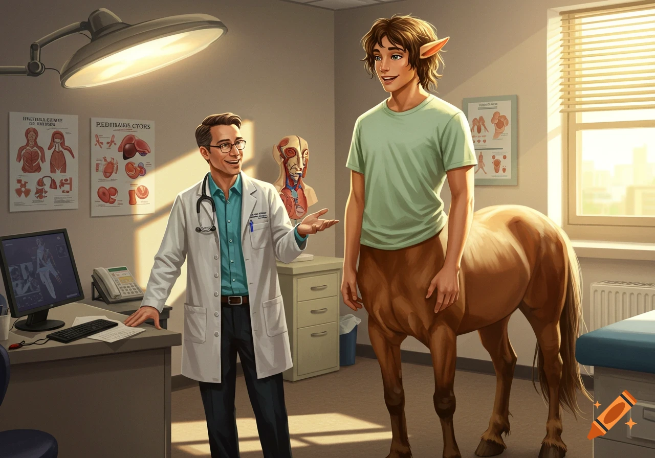 A doctor conversing with a centaur in a medical office, illustrated style.