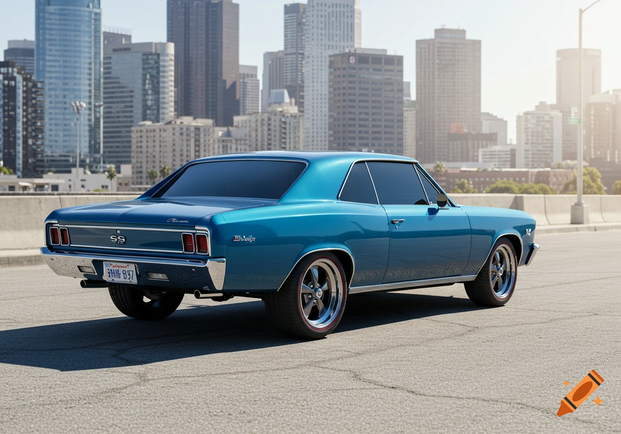 A shiny blue 1967 Chevrolet Chevelle SS parked on an asphalt road, with a city skyline in the background.