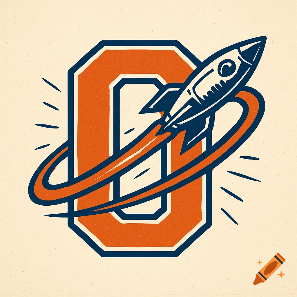 Vintage-style sports logo featuring a rocket orbiting a large orange letter O, with blue and white accents.