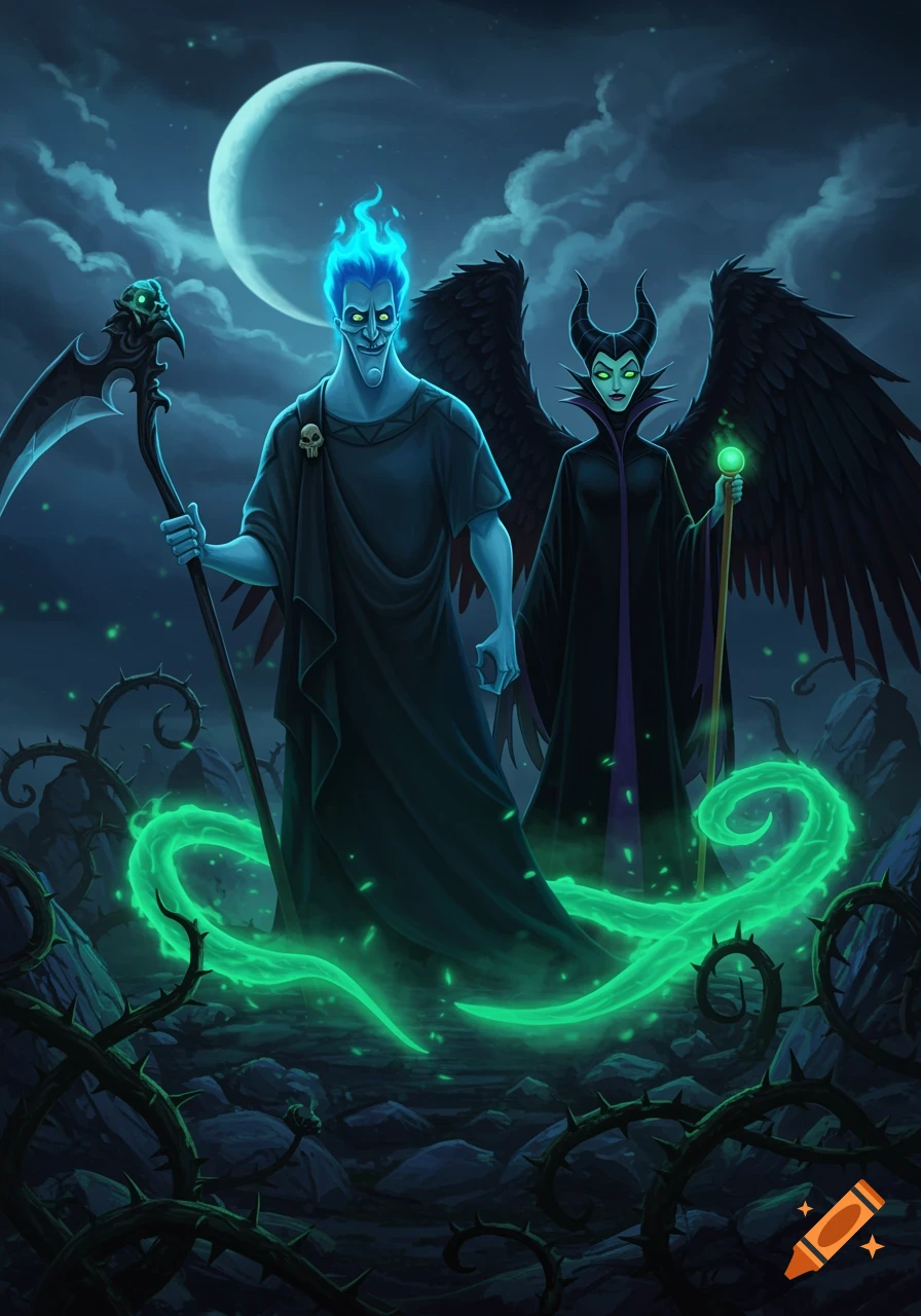Cartoon illustration of Hades with a scythe and Maleficent with black wings, standing in a dark, moonlit landscape with glowing green energy and thorny vines.