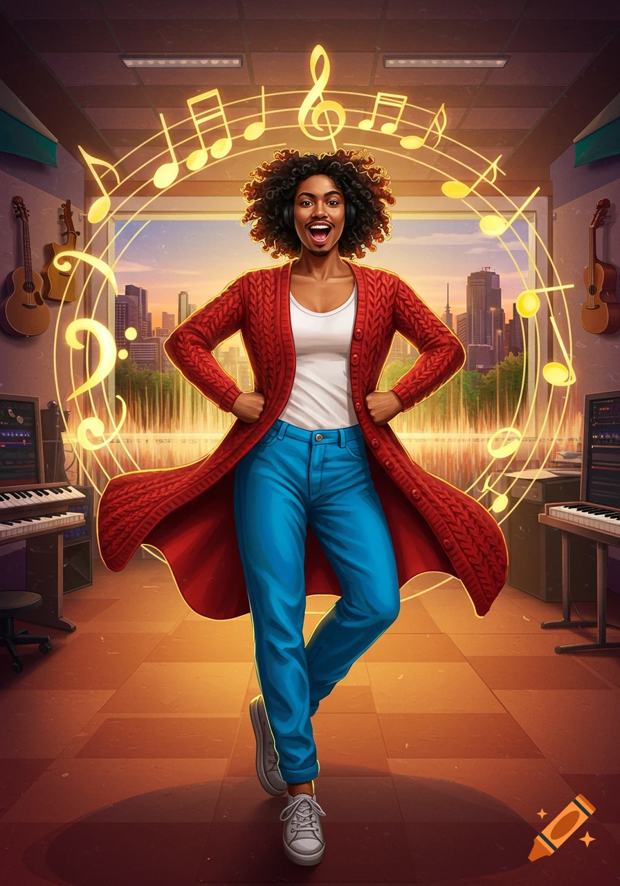 An illustrated smiling Black woman, a music teacher superhero, poses confidently in a studio with instruments and glowing musical notes.