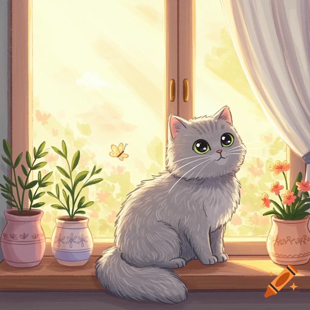 A cute fluffy grey cat sits on a sunny windowsill with potted plants and a butterfly in a bright cartoon style.