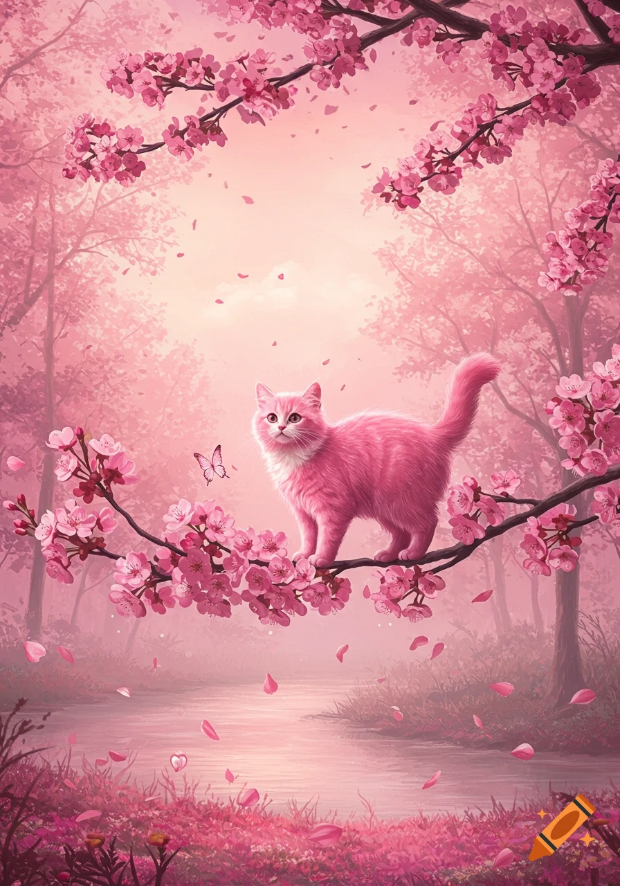 A pink cat sits on a cherry blossom branch in a dreamy, pink-hued forest with a river and falling petals, in a digital art style.
