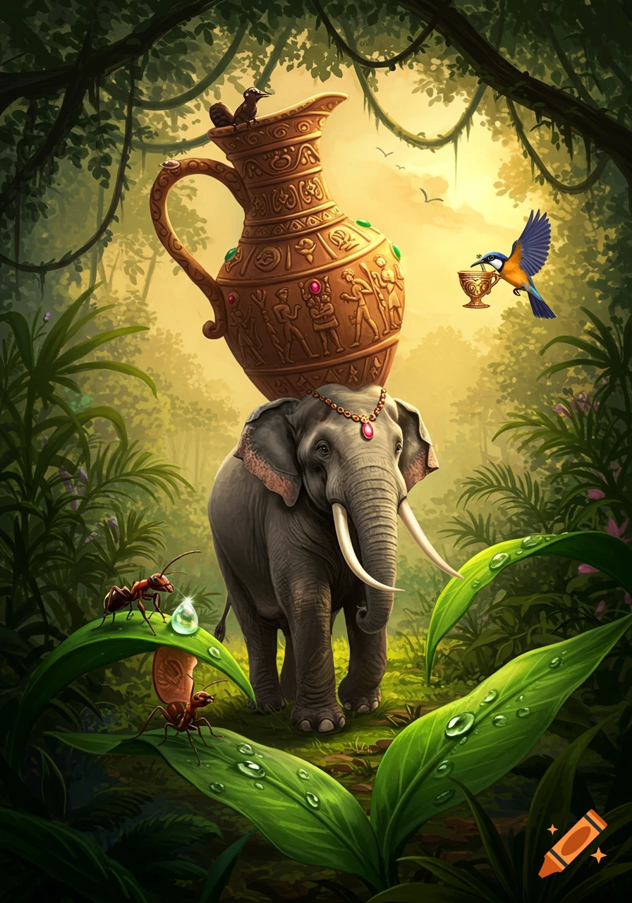 An elephant carries a large ornate jug on its back in a vibrant jungle, while ants carry water droplets and a bird carries a tiny cup.