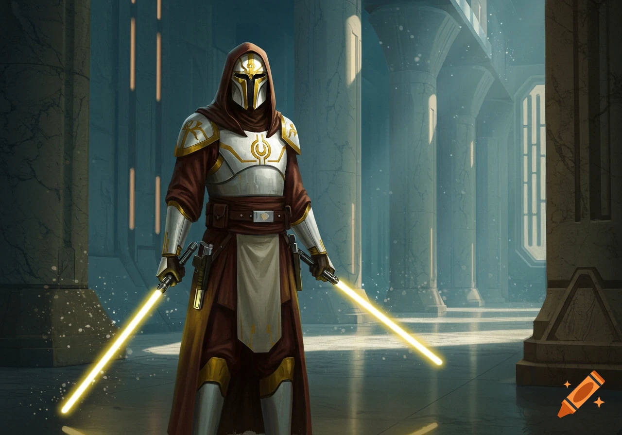 An armored hooded figure wielding two yellow lightsabers stands in a grand temple with tall pillars.