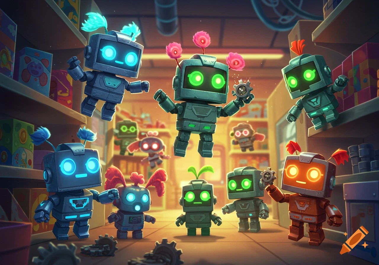 Many cute, colorful stylized robots, some floating, some on the floor with gears, in a vibrant, cluttered toy store.