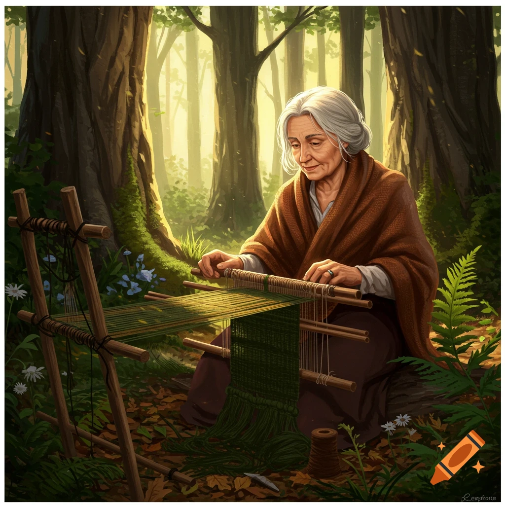 An elderly woman with grey hair weaves green fabric on a loom in a sunlit forest, surrounded by trees and foliage.
