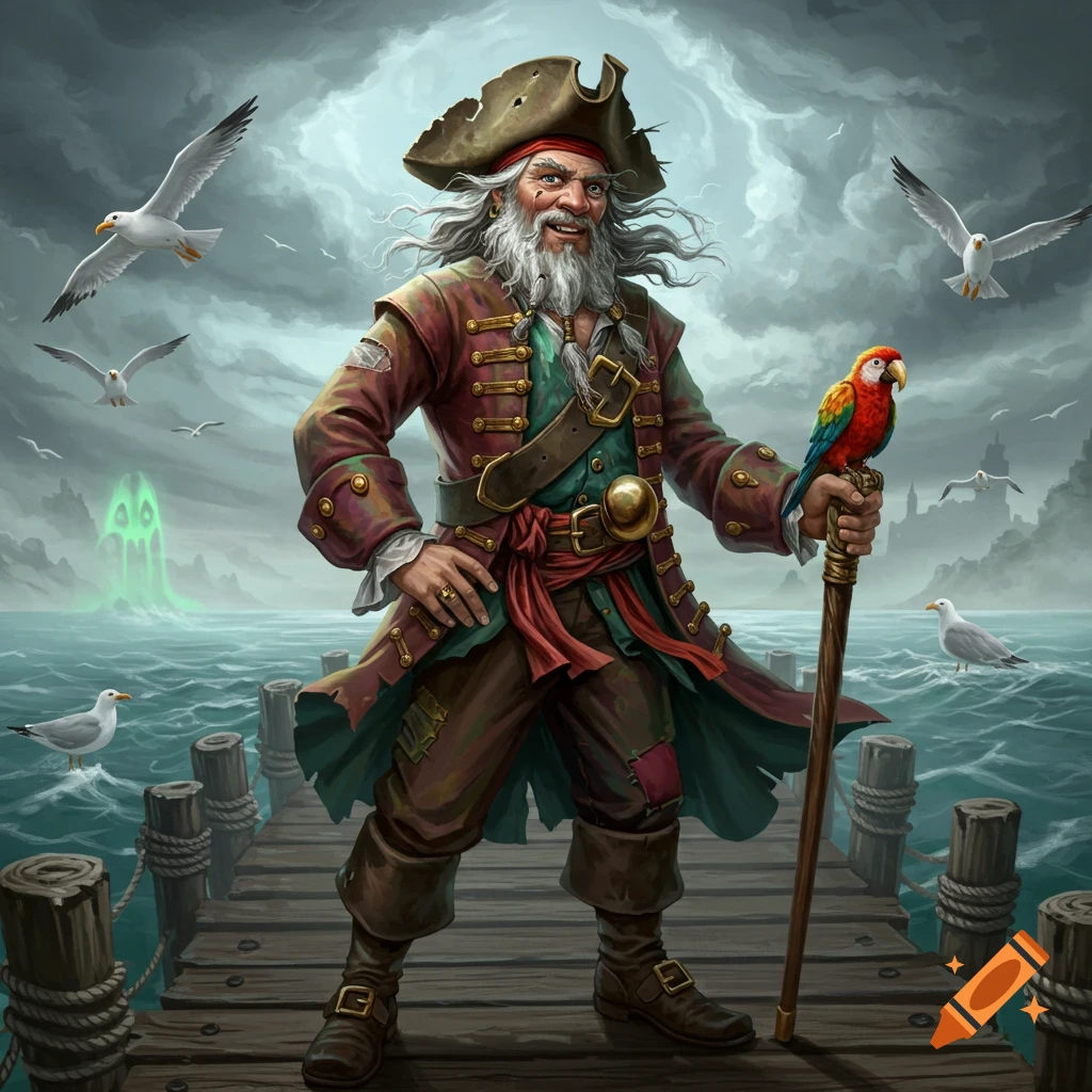 A smiling, grizzled old pirate with a white beard and tattered hat stands on a dock, holding a cane with a colorful parrot, with seagulls and stormy seas in the background.