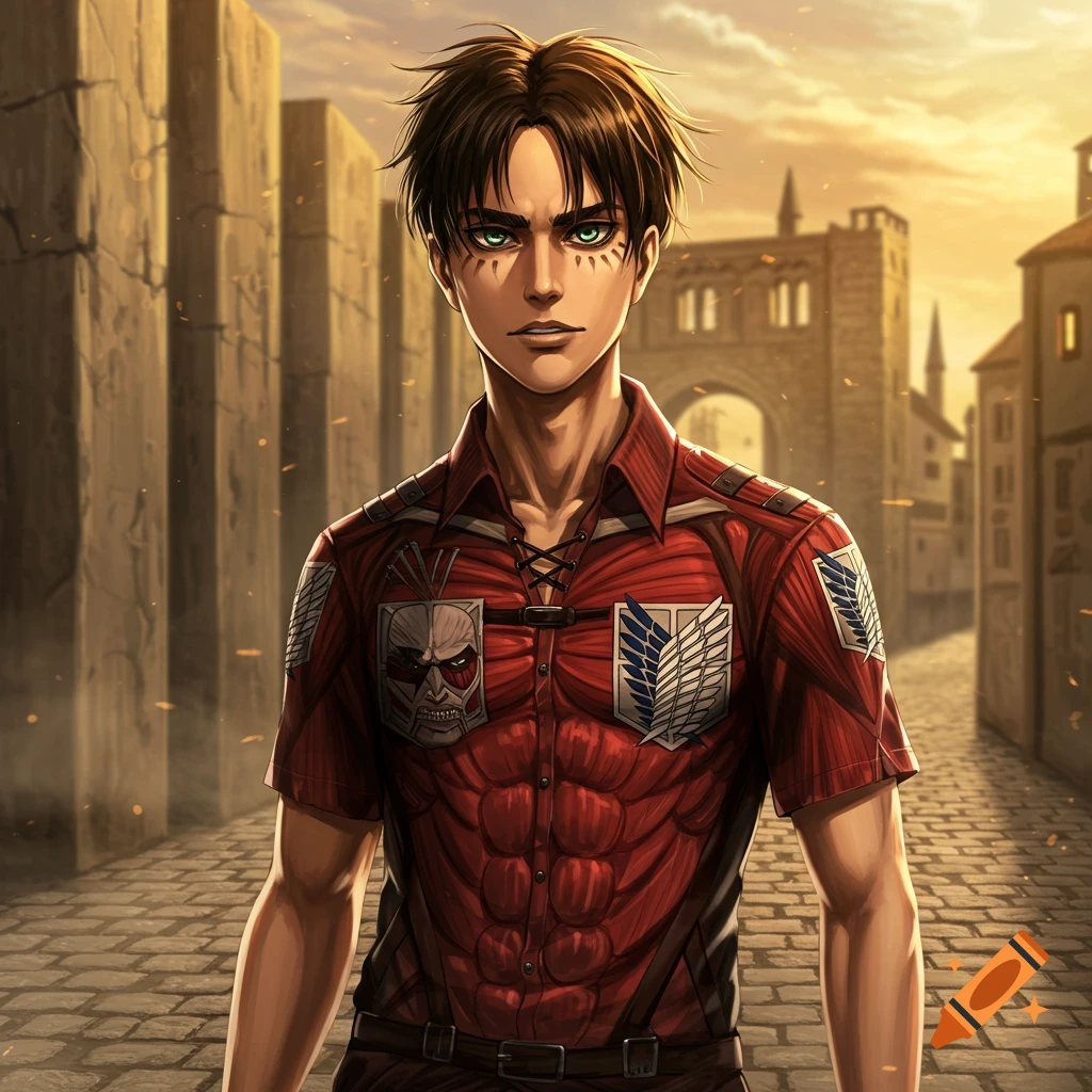 A portrait of the anime character Eren Yeager from Attack on Titan, wearing a red shirt with a muscle-like design, standing in a stone street.