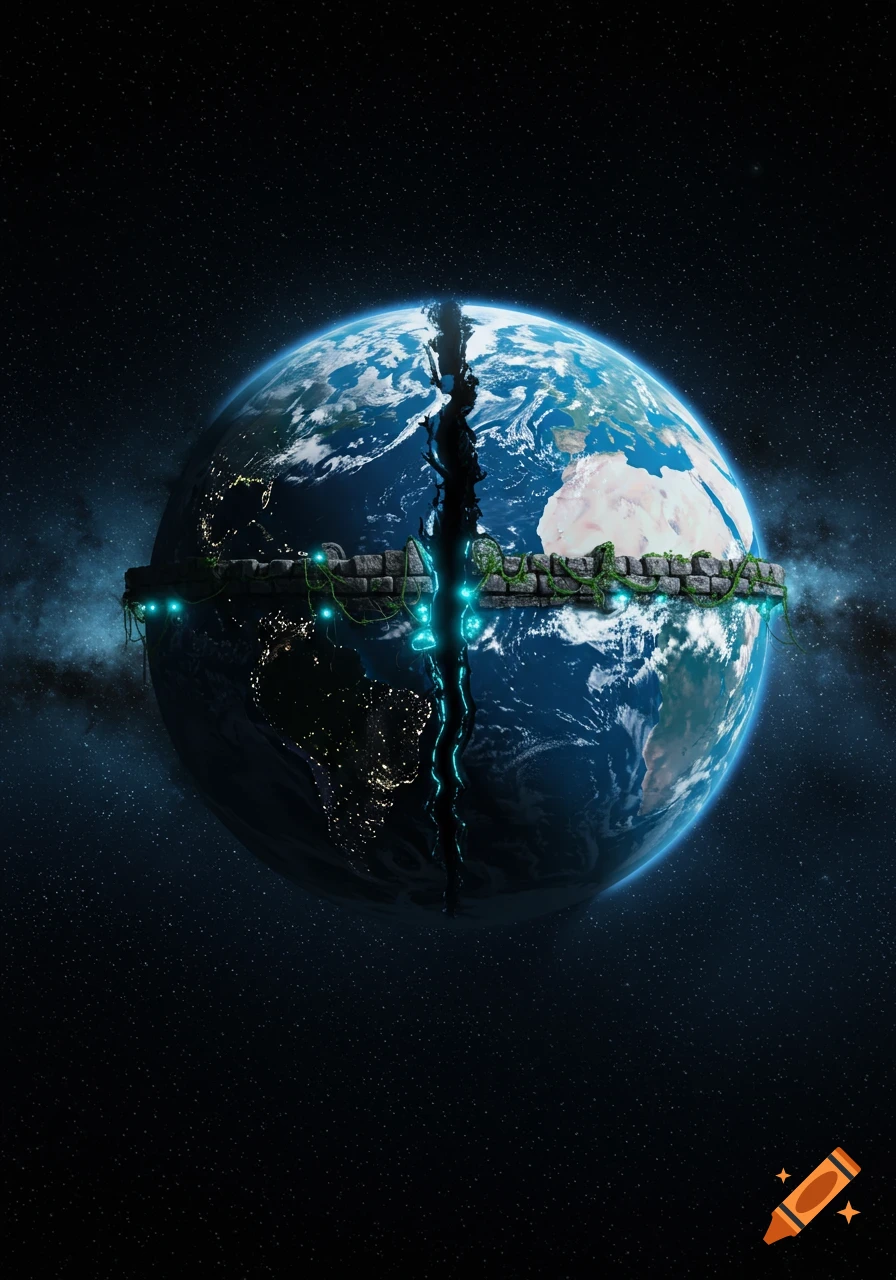 A detailed view of Earth split at the equator, connected by a moss-covered stone wall with glowing blue lights, set against a starry cosmic background.