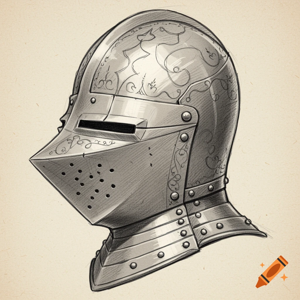 A detailed black and white sketch of an ornate medieval knight's helmet.