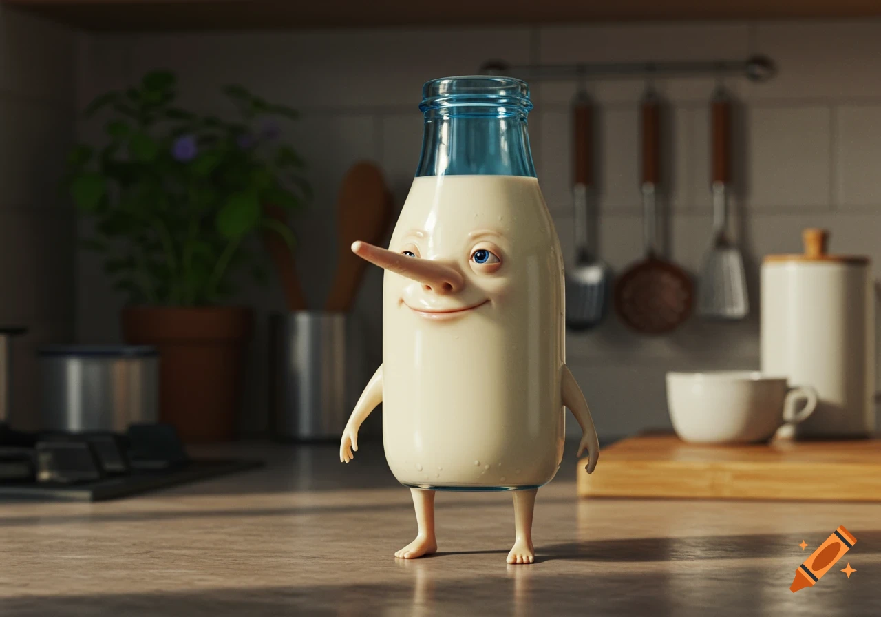 A realistic milk bottle with a human face, arms, legs, and a long pointy nose, standing on a kitchen counter.
