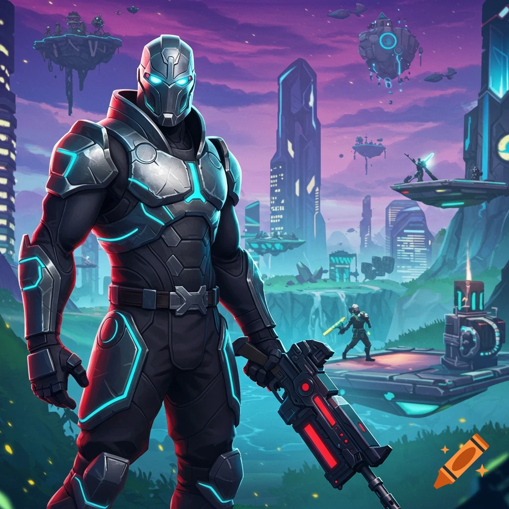 A futuristic armored warrior with blue glowing accents holds a weapon in a vibrant sci-fi city with floating islands.