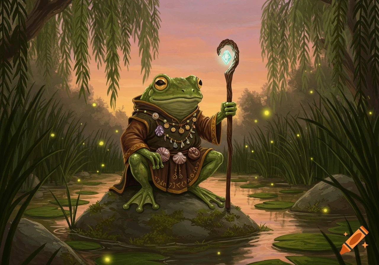 A green frog, dressed as a cleric in a brown robe with a beaded necklace, sits on a rock in a swamp, holding a glowing staff. Fireflies float in the misty air at sunset.