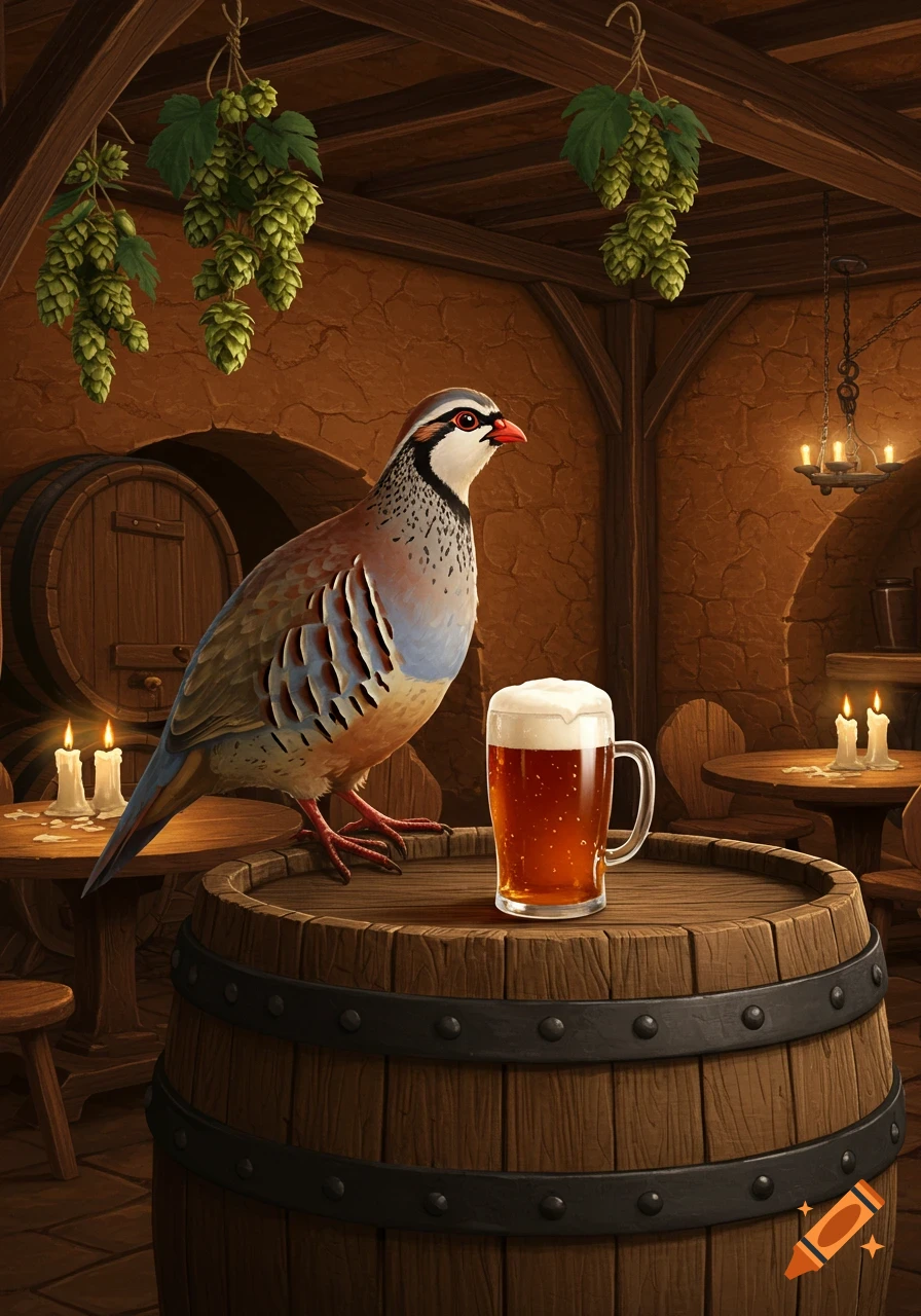 A partridge stands on a wooden barrel next to a frothy pint of beer in a cozy, candlelit tavern with hops hanging from the ceiling.