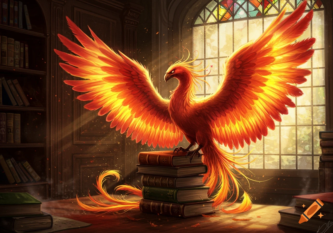 A majestic phoenix with fiery orange and yellow wings stands on a stack of old books in a sunlit antique library.