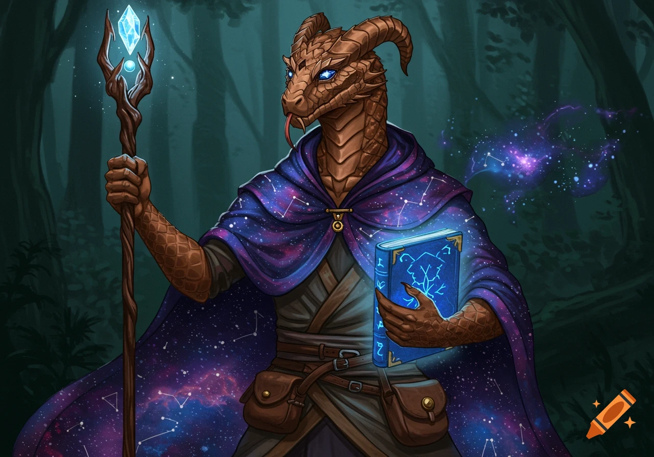 A reptilian humanoid wearing a galaxy-patterned cloak, holding a glowing crystal staff and a blue grimoire, standing in a dark forest.