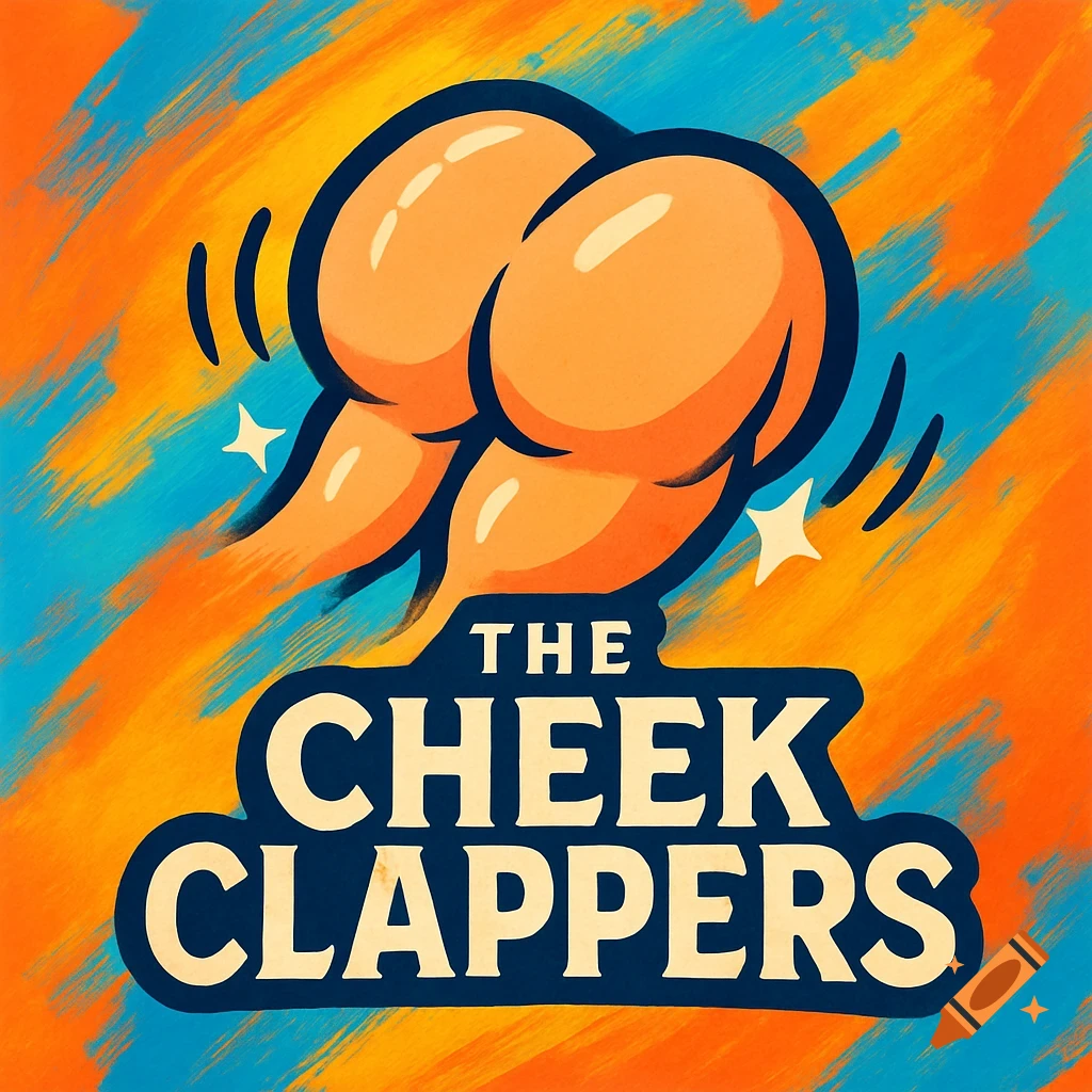 A cartoon logo featuring stylized buttocks with the text 'THE CHEEK CLAPPERS' on an orange and blue brushstroke background.
