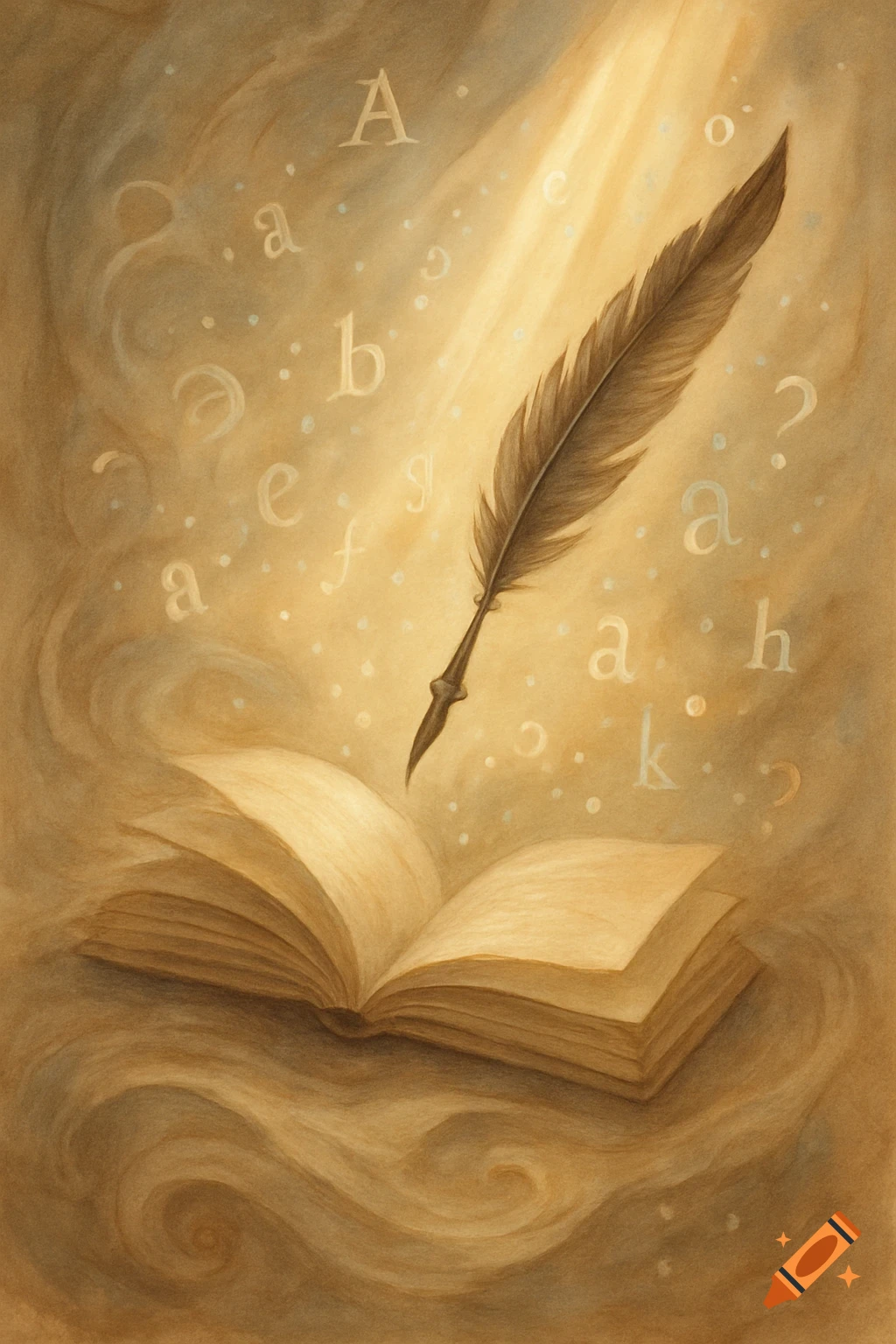 An antique quill pen floats above an open book, surrounded by glowing letters and light on a sepia-toned background.