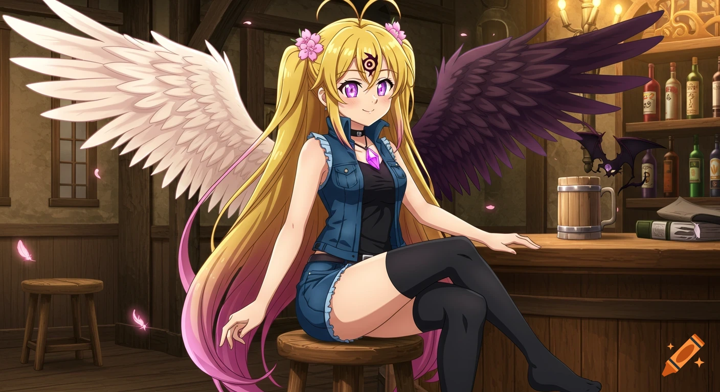 An anime girl with long blonde hair and a white angel wing and black bat wing sits on a stool at a bar, a small bat flying by.