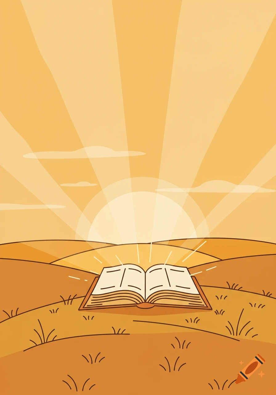 Minimalist line art illustration of an open book on a hilltop with radiating light, set against a serene sunrise and gentle hills.