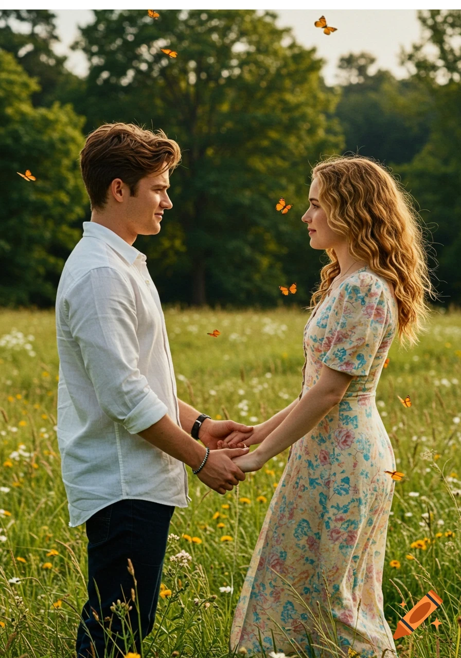 A young couple holding hands and looking at each other in a field of wildflowers with butterflies floating around them.