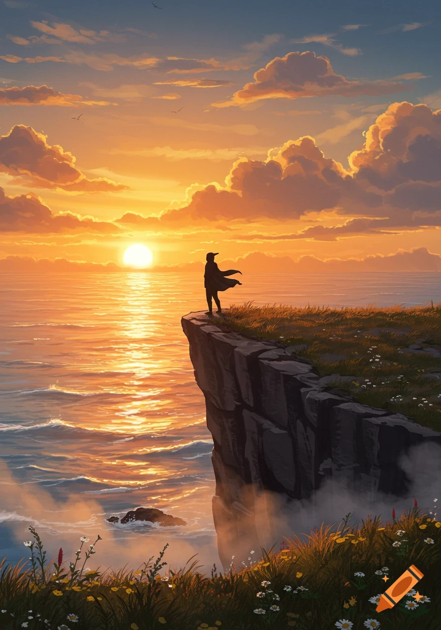 Silhouette of a person standing on a cliff overlooking a radiant ocean sunset in a digital painting style.