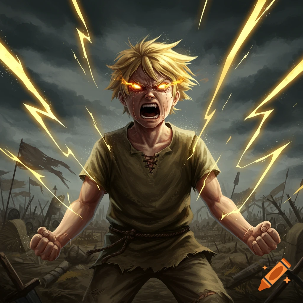 Blonde anime-style boy with glowing orange eyes and a contorted face, surrounded by yellow lightning, standing on a battlefield under a stormy sky.