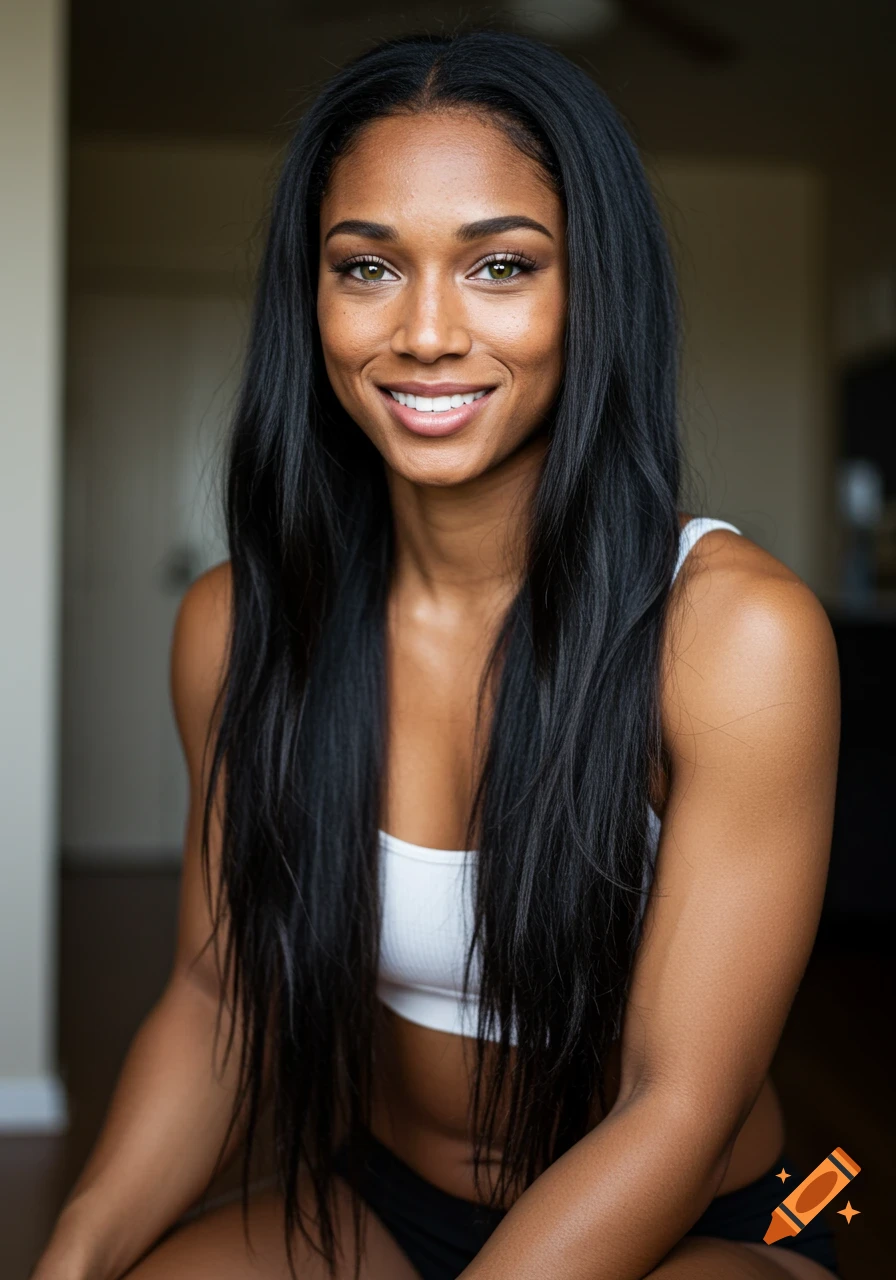 A close-up portrait of a woman with long black hair, green eyes, and a white smile, wearing a white sports bra and black shorts.