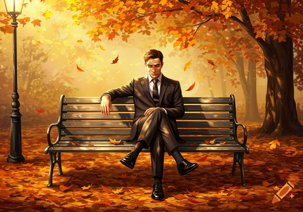 A man in a suit sits on a park bench surrounded by falling orange and yellow autumn leaves.
