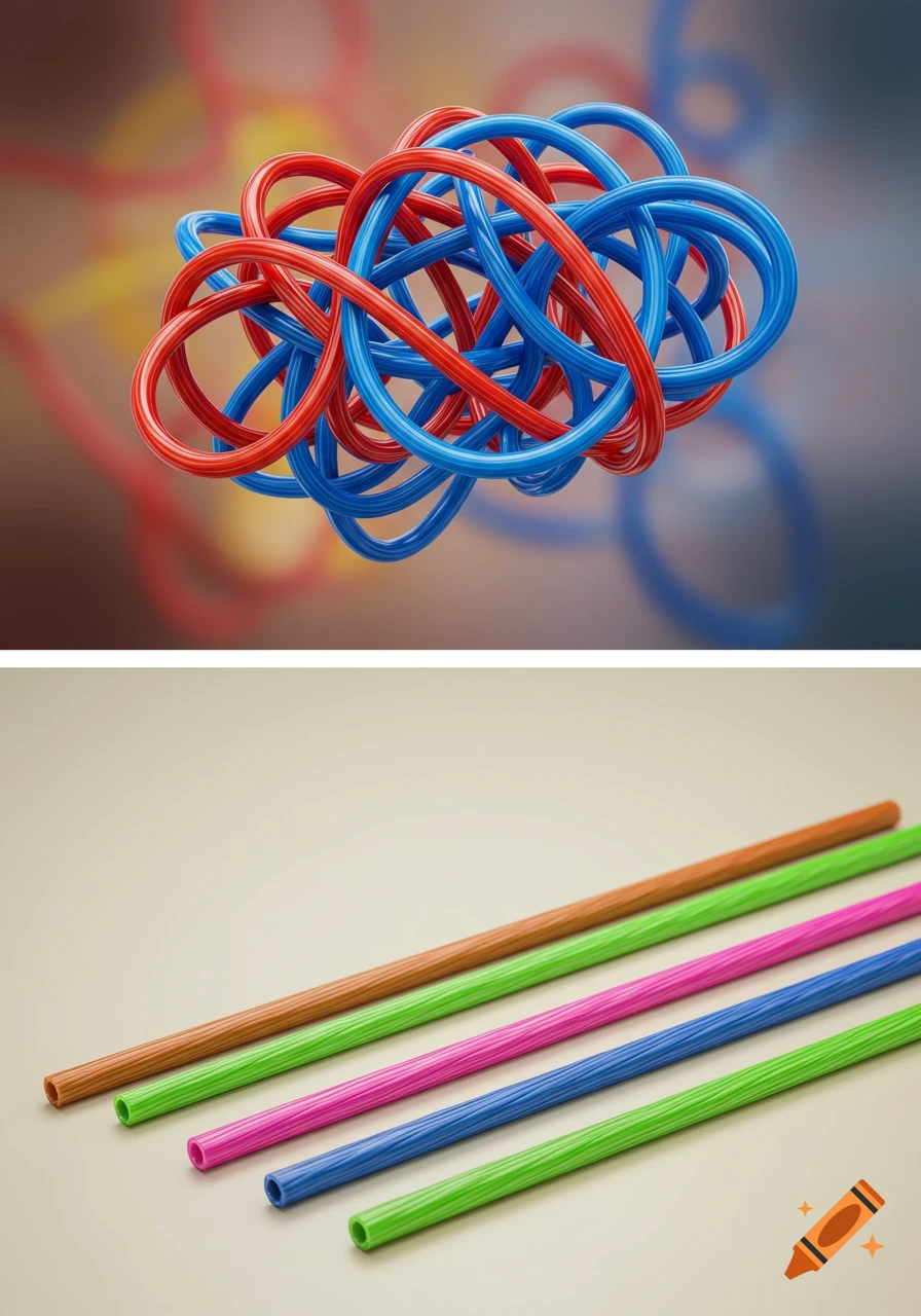 A two-panel image showing abstract wires. The top panel shows red and blue wires tangled into a sphere. The bottom panel shows five straight, parallel wires of brown, green, pink, blue, and light green.