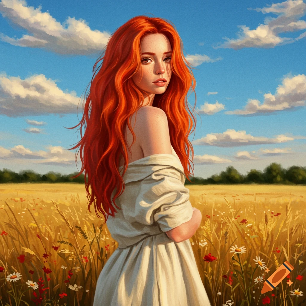 Digital painting of a red-haired woman with flowing hair and a white dress, standing in a golden wheat field under a blue sky.