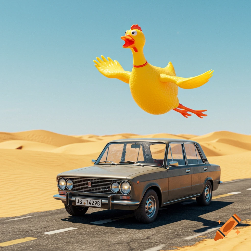 A giant yellow rubber chicken flies over a brown vintage Lada car on a desert road under a clear blue sky.