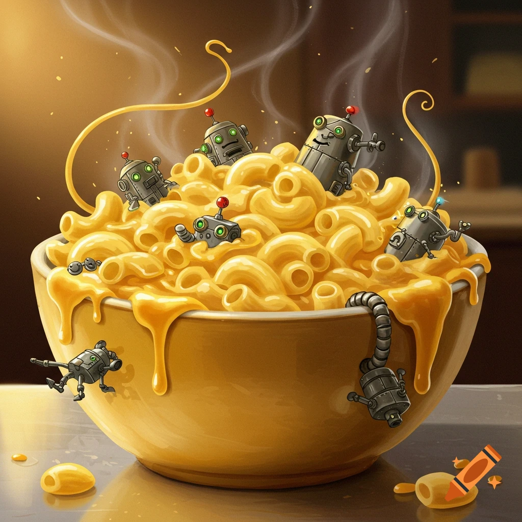 A whimsical illustration of small robots playing in a steaming bowl of macaroni and cheese, with some tangled in noodles and cheese dripping down.
