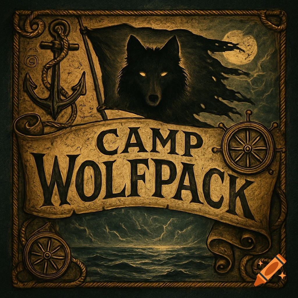 A dark wolf with glowing eyes on a torn flag above a banner reading 'CAMP WOLFPACK,' framed by an anchor and ship's wheel, with a stormy sea and moon.