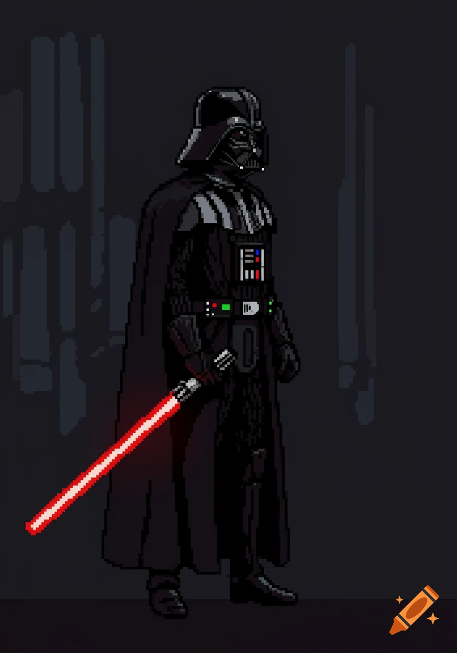 A pixel art depiction of Darth Vader holding a red lightsaber, facing right, against a dark background.