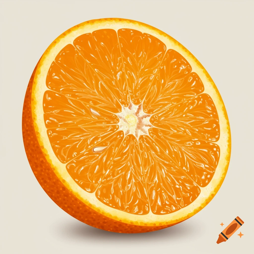 A photorealistic close-up of a halved orange, showing its juicy segments and textured rind on a light background.